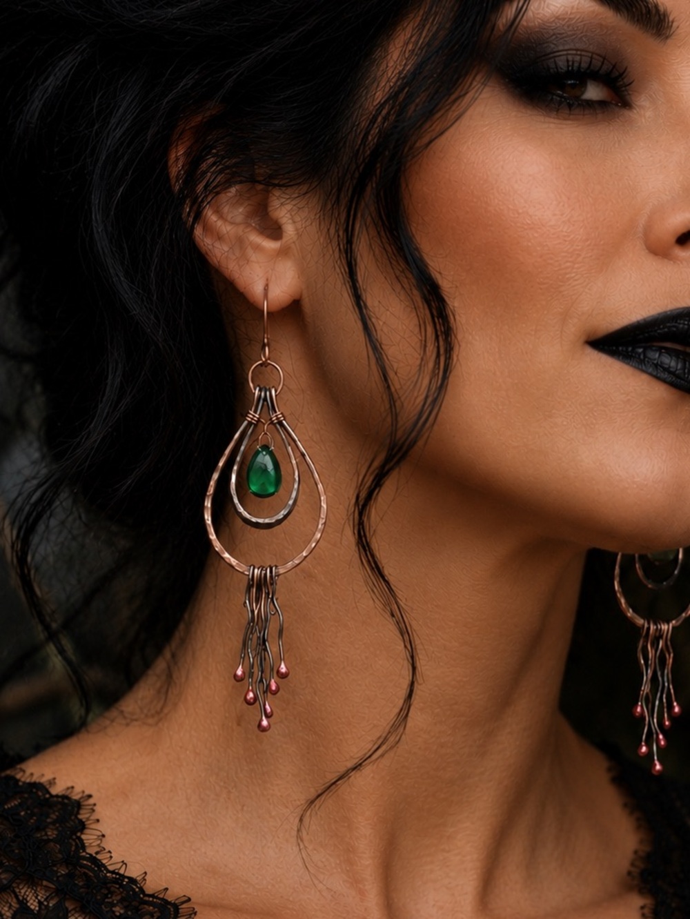 Hand Forged Copper Drip Earrings | Emerald Quartz | Gothic Artisan Fringe